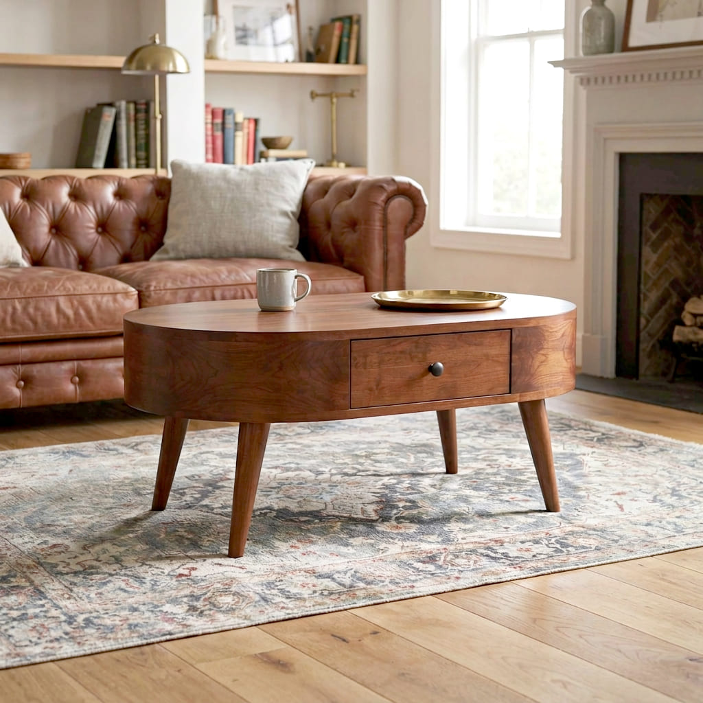 Elegant curved coffee table crafted from premium solid wood with storage