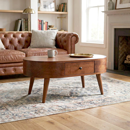 Elegant Curved Solid Wood Coffee Table with Storage – Japandi Style Living Room Table