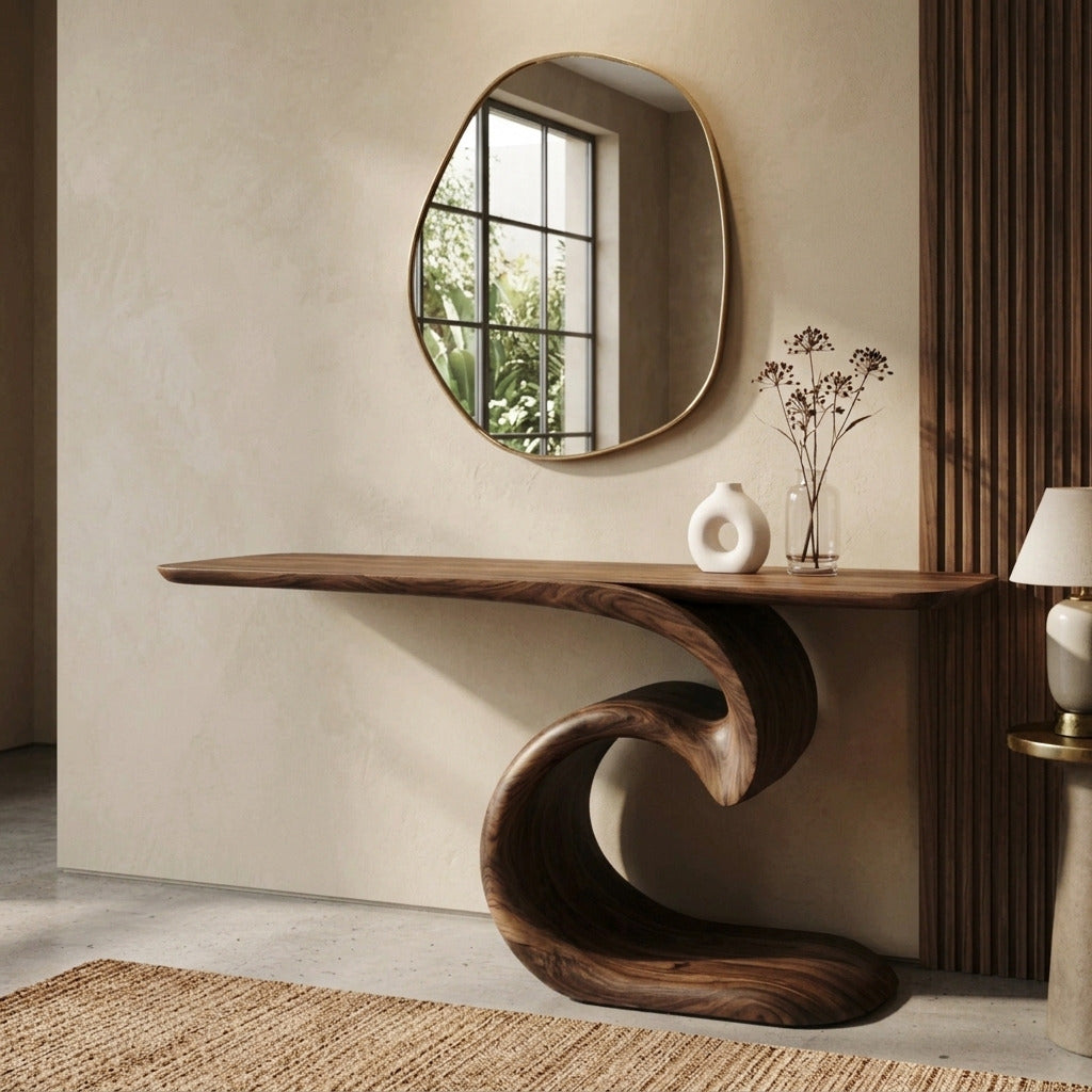 Elegant solid wood console table in a modern entryway