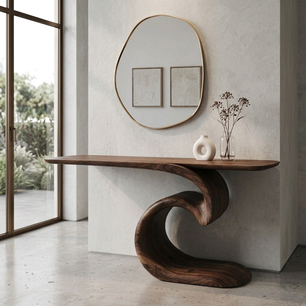 Artistic flowing console table enhancing a Scandinavian foyer