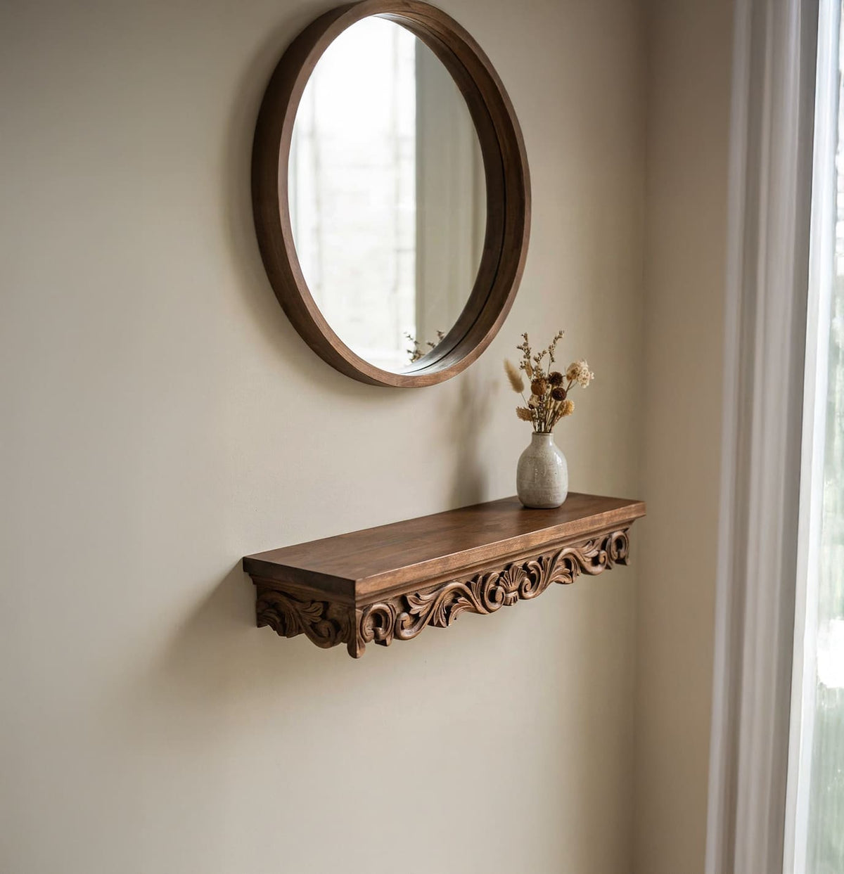Ornate floating console shelf displayed in a classic and sophisticated interior
