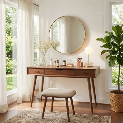 Elegant Tapered Leg Solid Wood Vanity Table - Organic Modern Dressing Table