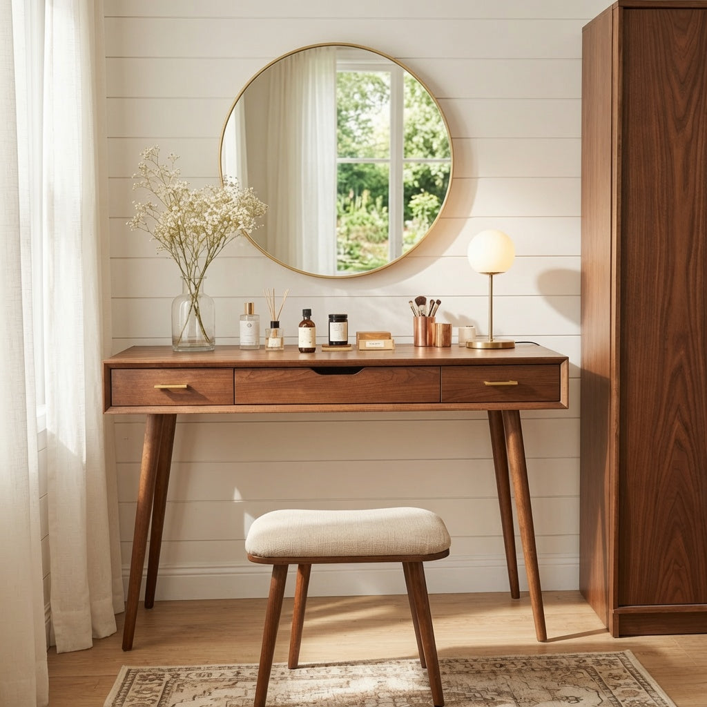 Elegant tapered leg solid wood vanity table in a modern bedroom