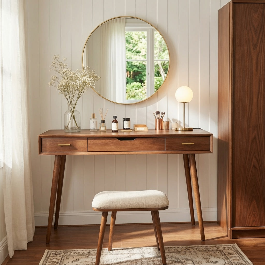 Handcrafted organic wooden dressing table creating a refined personal beauty space