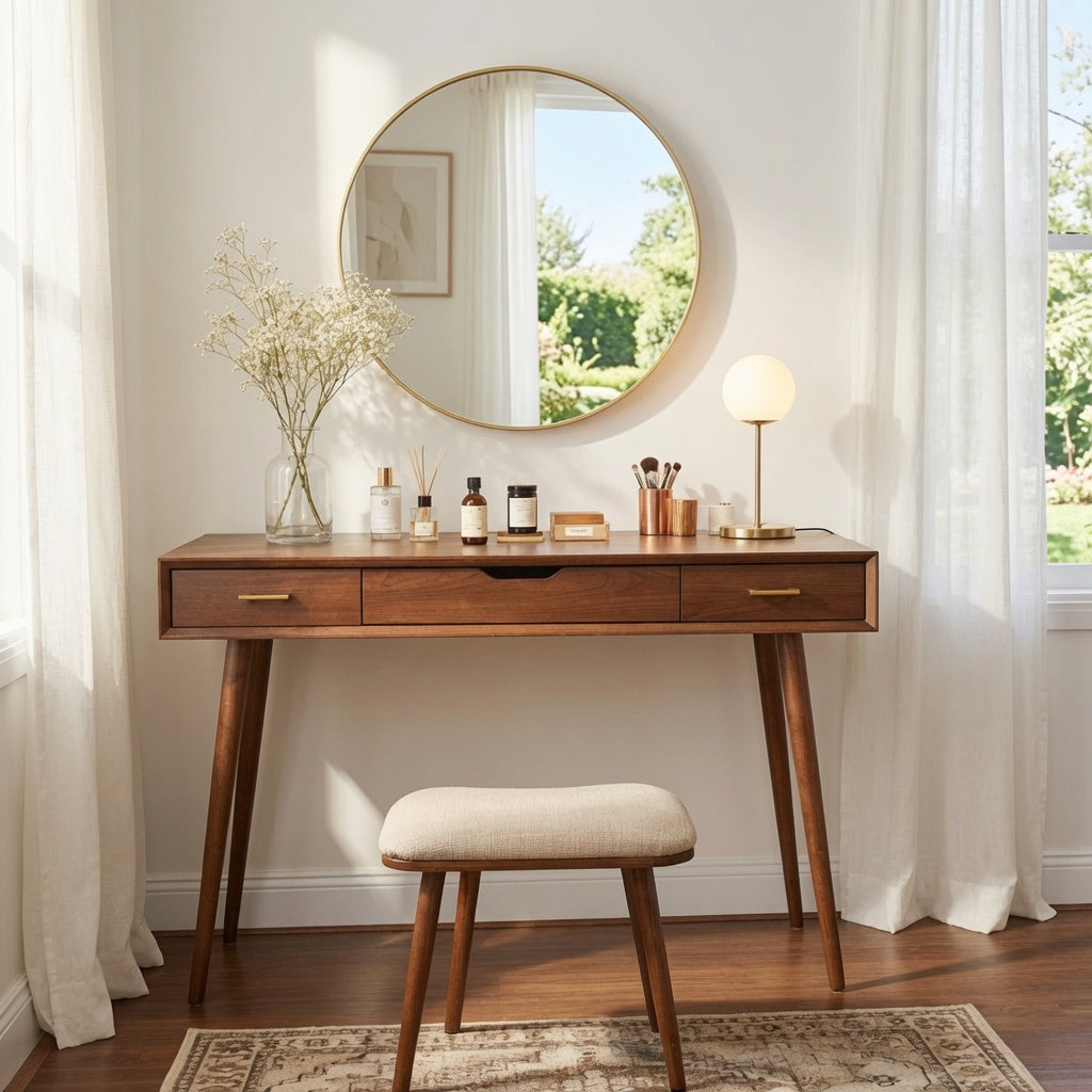 Contemporary solid wood makeup vanity paired with a minimalist mirror