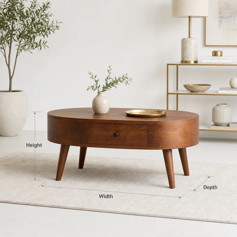 Elegant Curved Solid Wood Coffee Table with Storage – Japandi Style Living Room Table