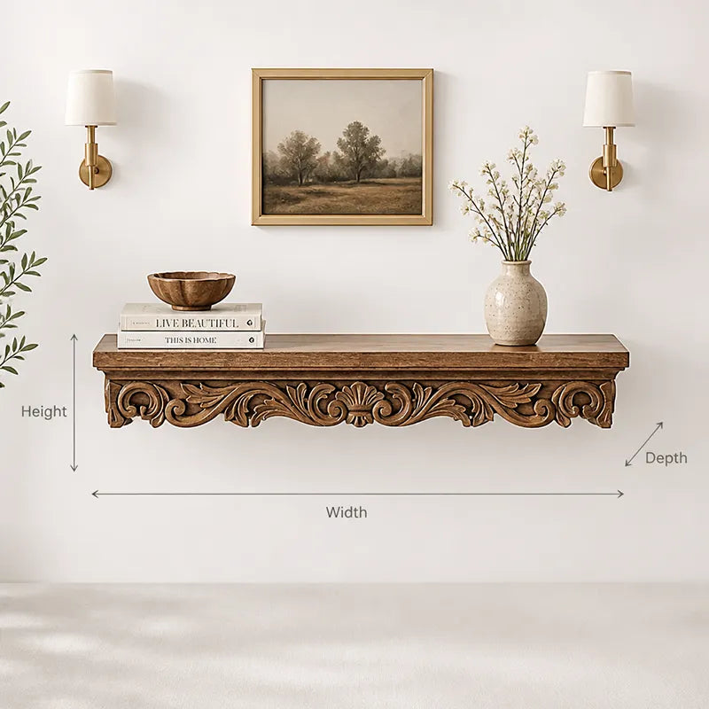 Elegant Ornate Carved Solid Wood Floating Console Shelf