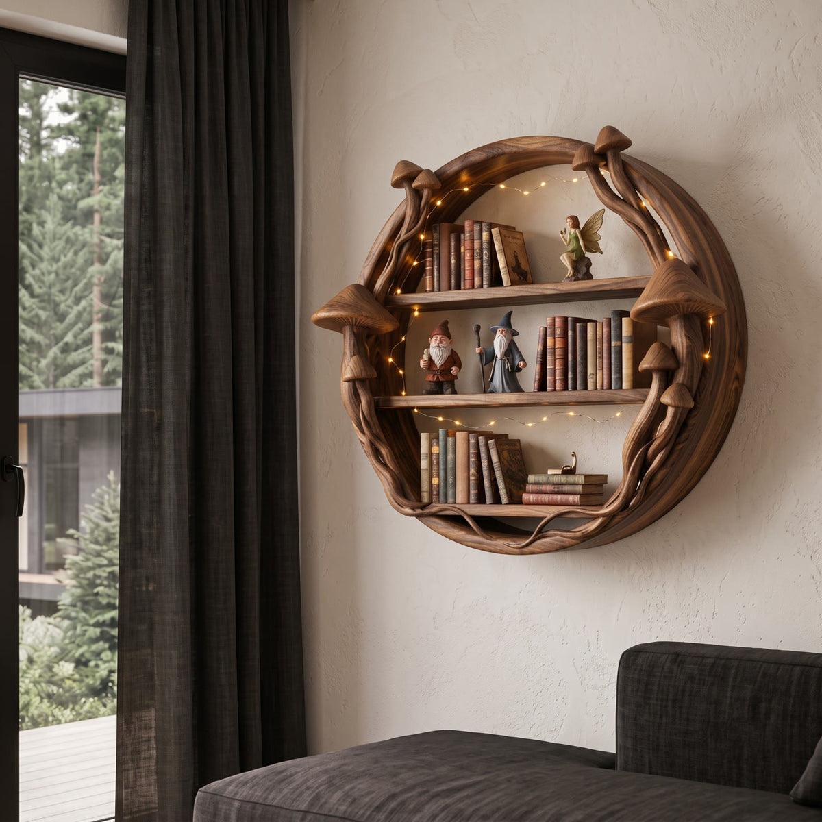 Enchanted forest circular wall shelf with mushroom portal in solid wood