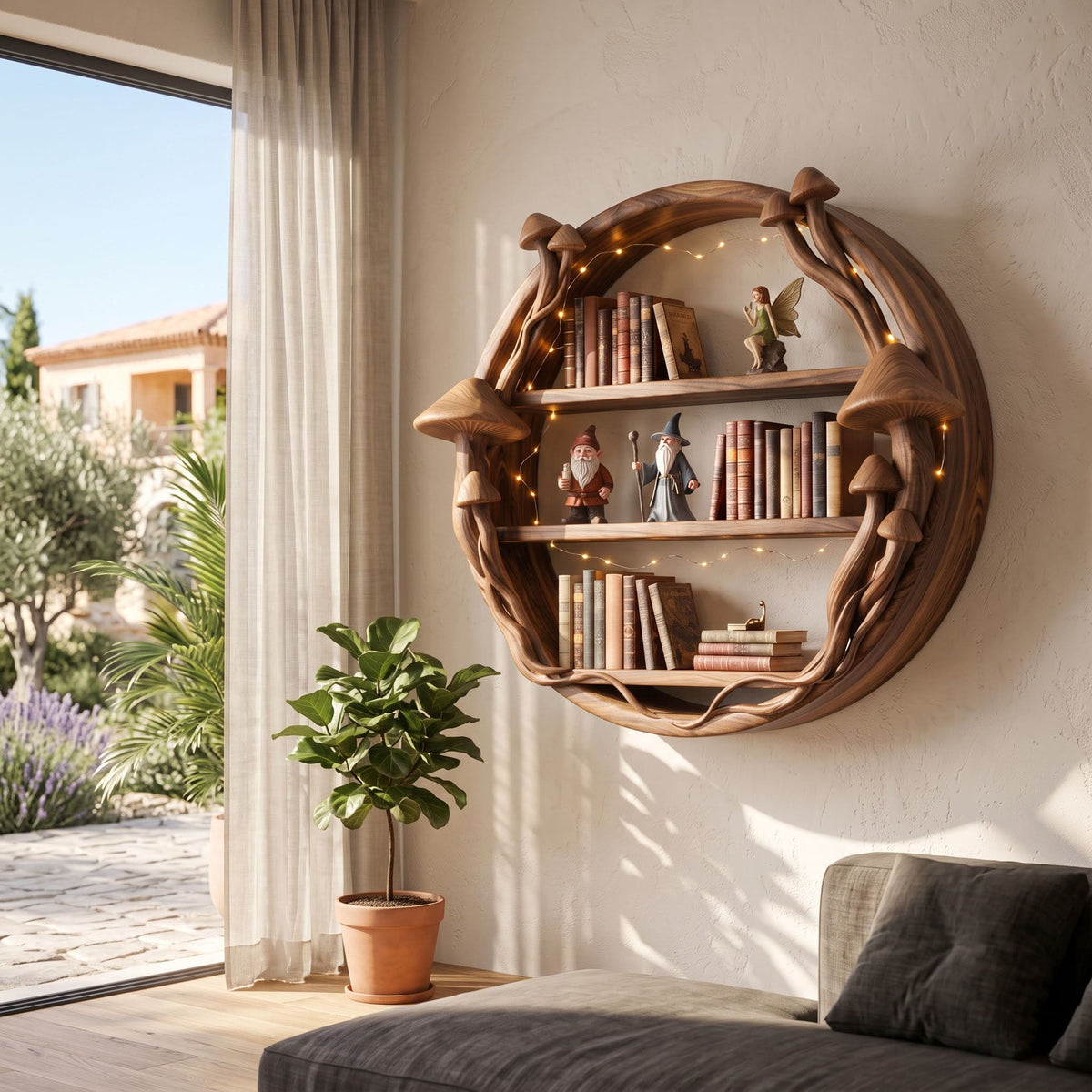 Round carved natural timber mushroom portal shelf for a whimsical living room