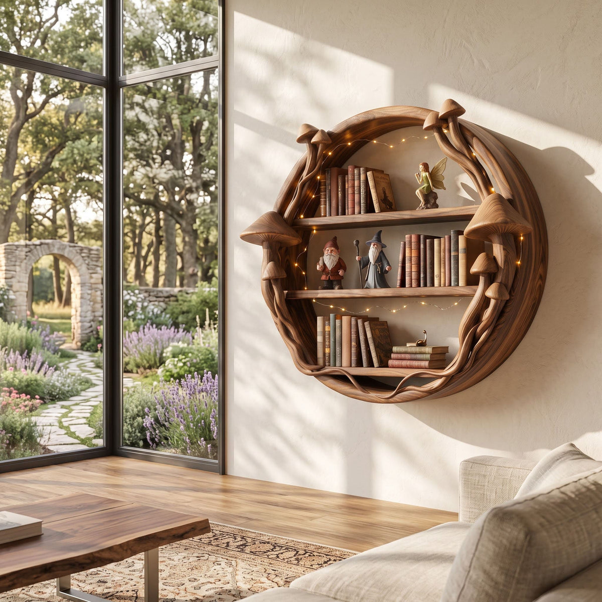 Bohemian natural wood round carved display shelf featuring fairy accents in an eclectic living room