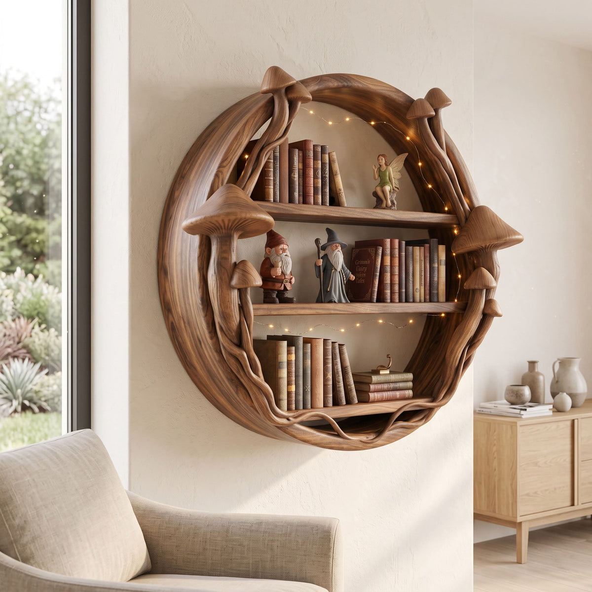 Enchanted forest solid wood circular wall shelf styled with moss in a cozy reading nook
