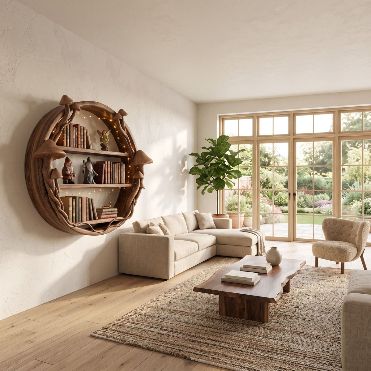 Bohemian natural wood round carved display shelf featuring fairy accents in an eclectic living room