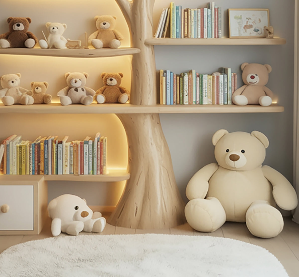 Tree shaped nursery wall shelf for books and toys