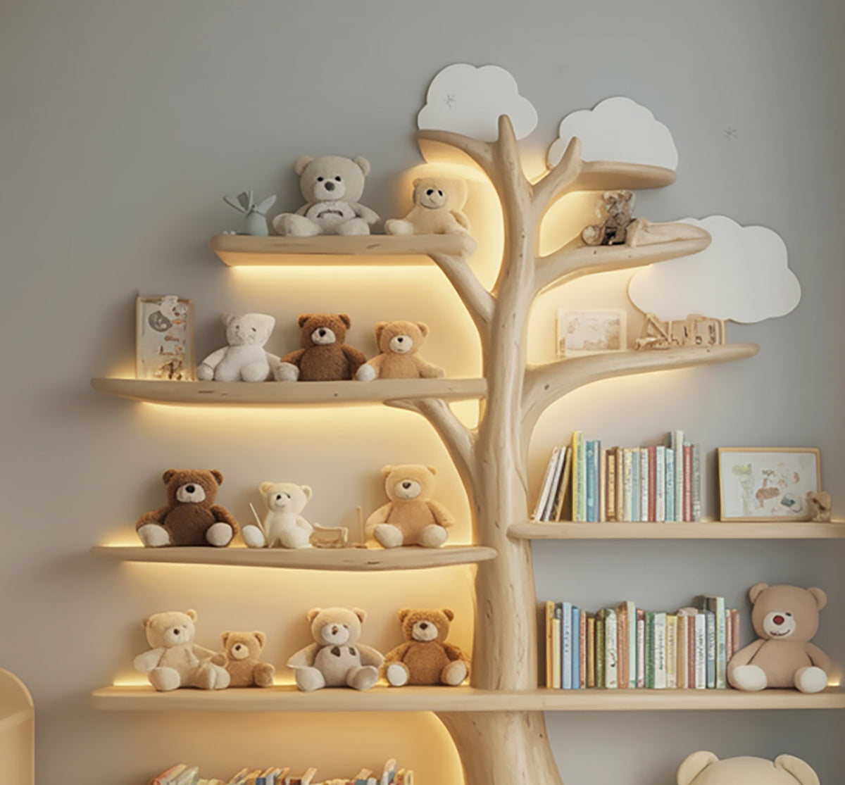 Whimsical wooden bookshelf for children’s room interiors