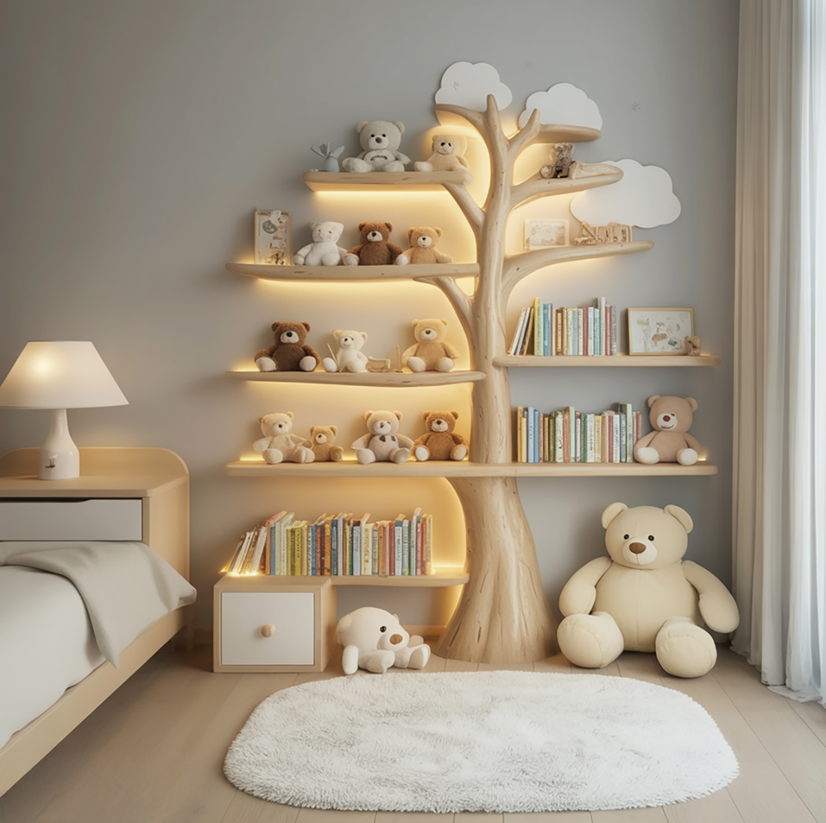 Enchanted tree bookshelf for dreamy kids nursery wall decor