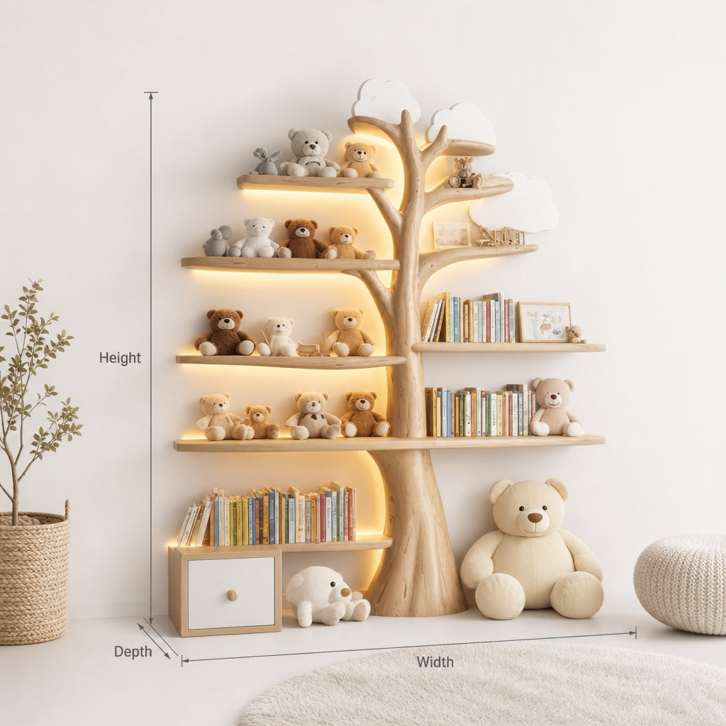 Kids tree bookshelf mounted as an enchanted wall shelf in a nursery
