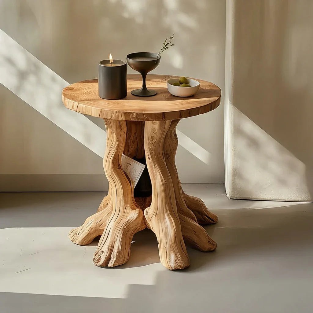 Round solid wood end table with natural live edge and sculpted tree trunk base