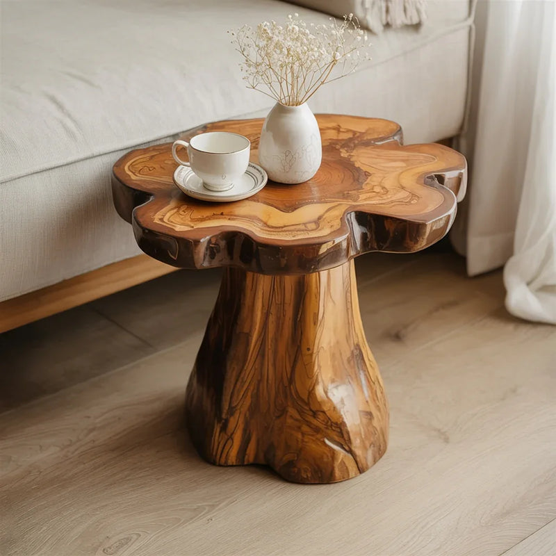 Live edge solid wood side table with organic shape, cup, and vase in cozy living room