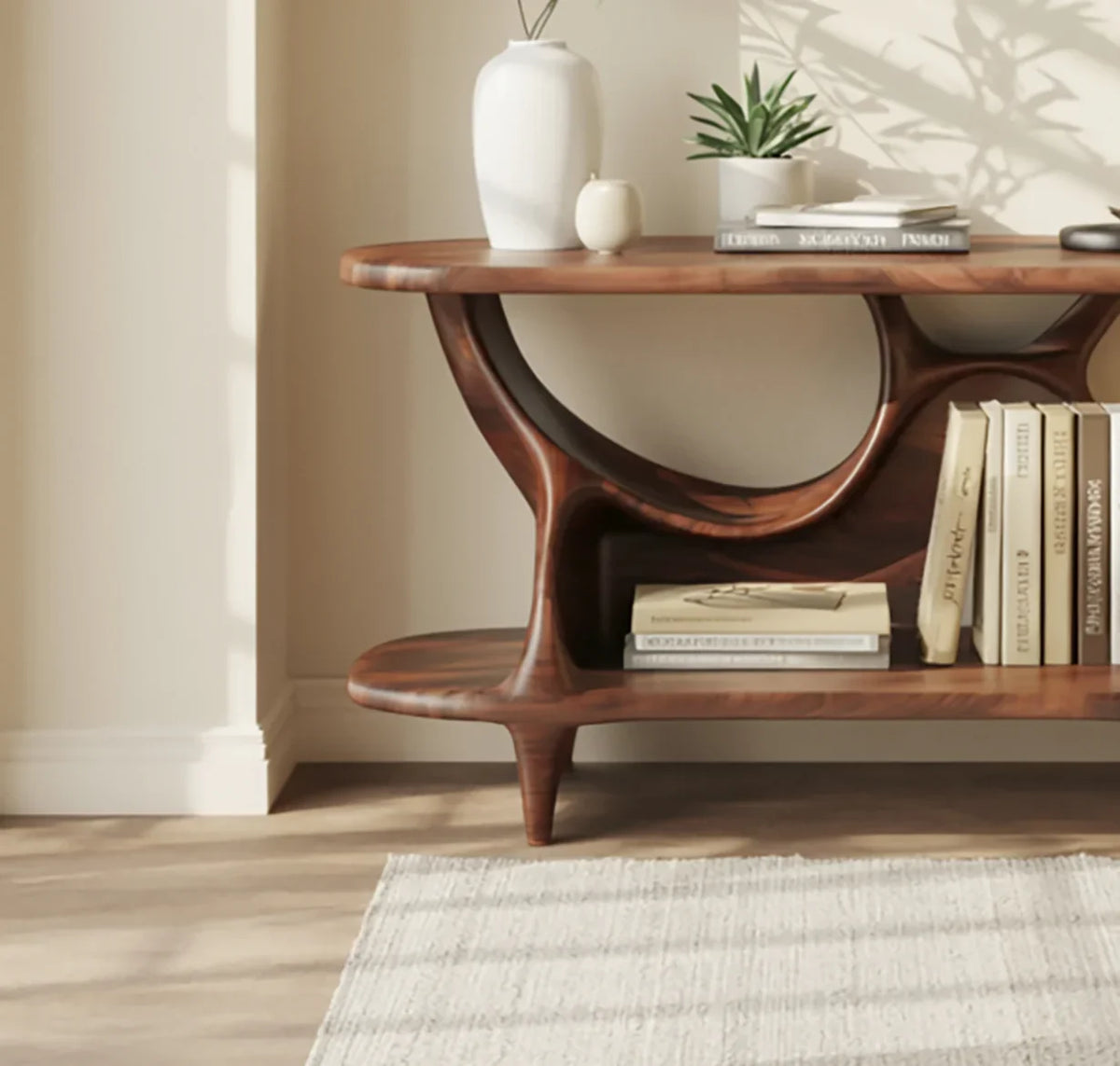 Wooden bridge style shelf for modern interior design