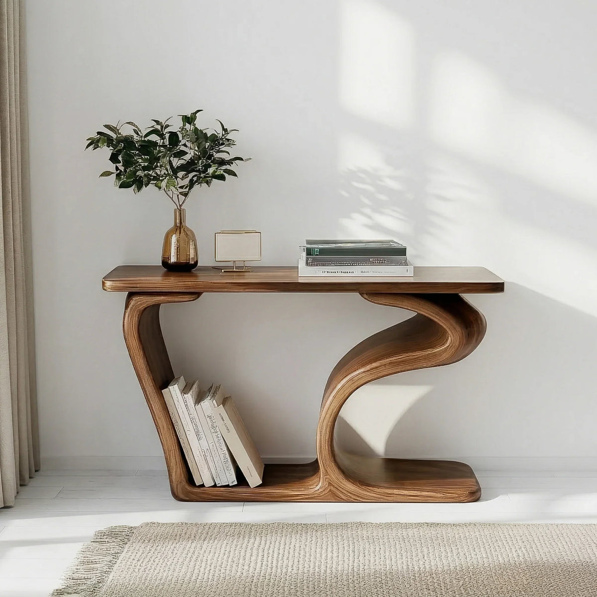 Modern minimalist reading nook wood console with book storage