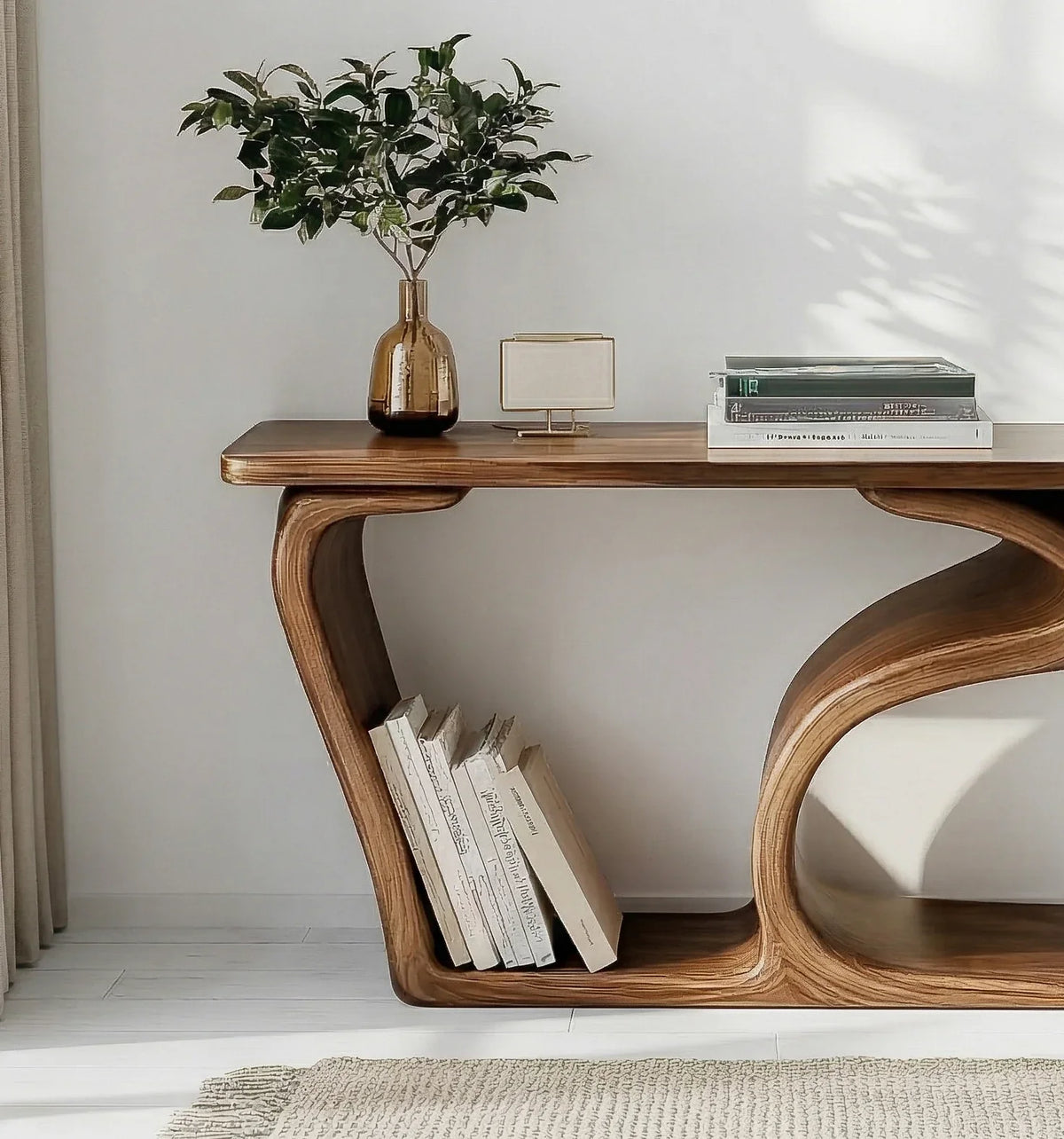 Minimalist console with storage for books and decor