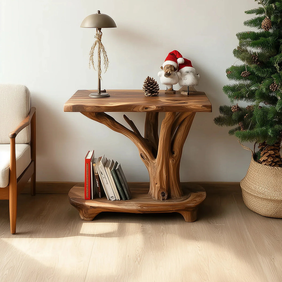 Live edge solid wood tree bookshelf table with books, lamp, and Christmas decor next to armchair and pine tree