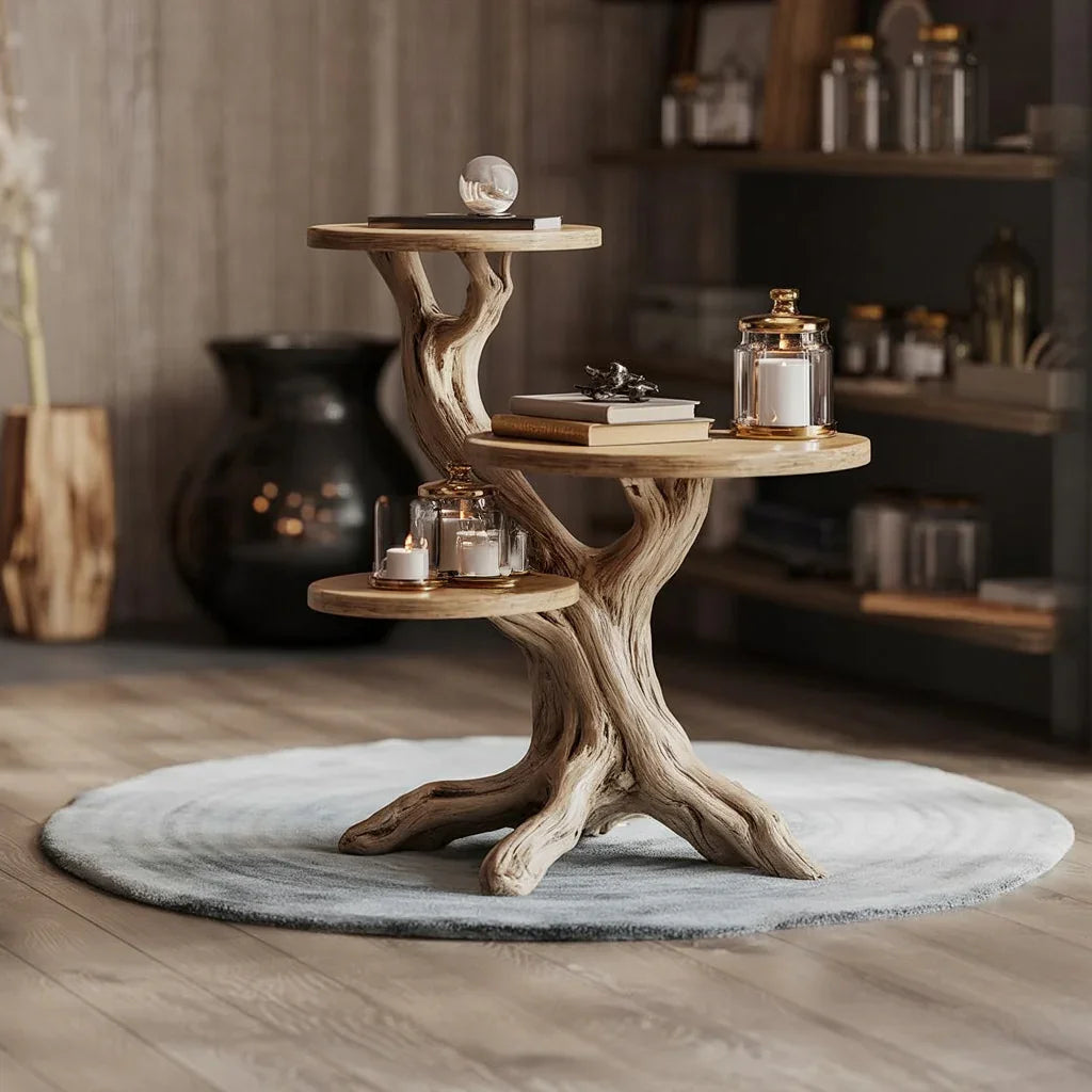 Sustainably crafted solid wood tree bookshelf with floating shelves, candles, and books in a cozy room