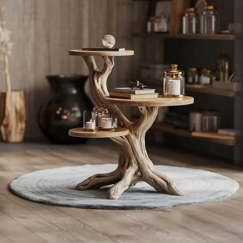 Sustainably crafted solid wood tree bookshelf with floating shelves, candles, and books in a cozy room