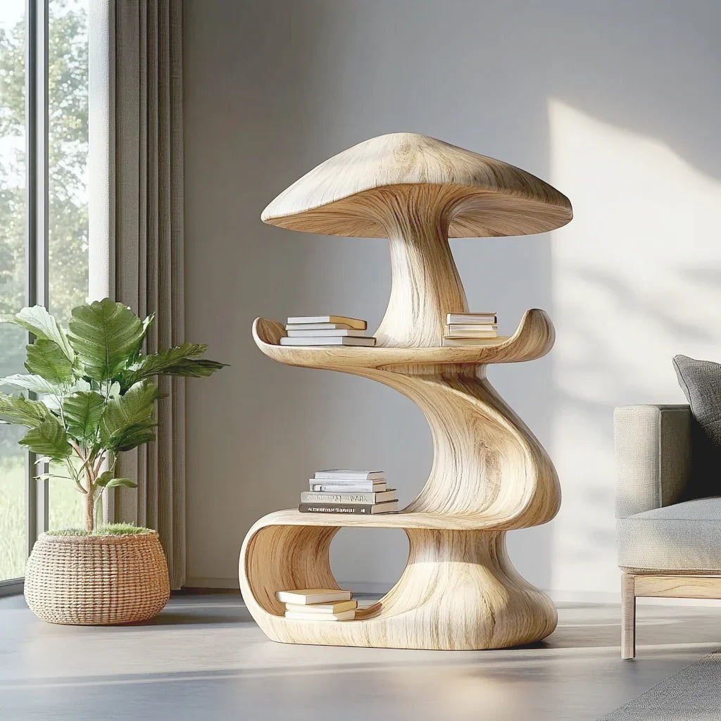 Modern sculptural mushroom shelf for reading nook decor