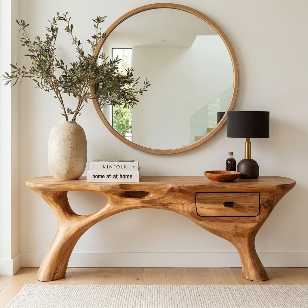 Sculptural entryway console table handcrafted in pure solid wood