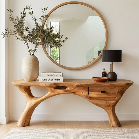 Sculptural entryway console table handcrafted in pure solid wood