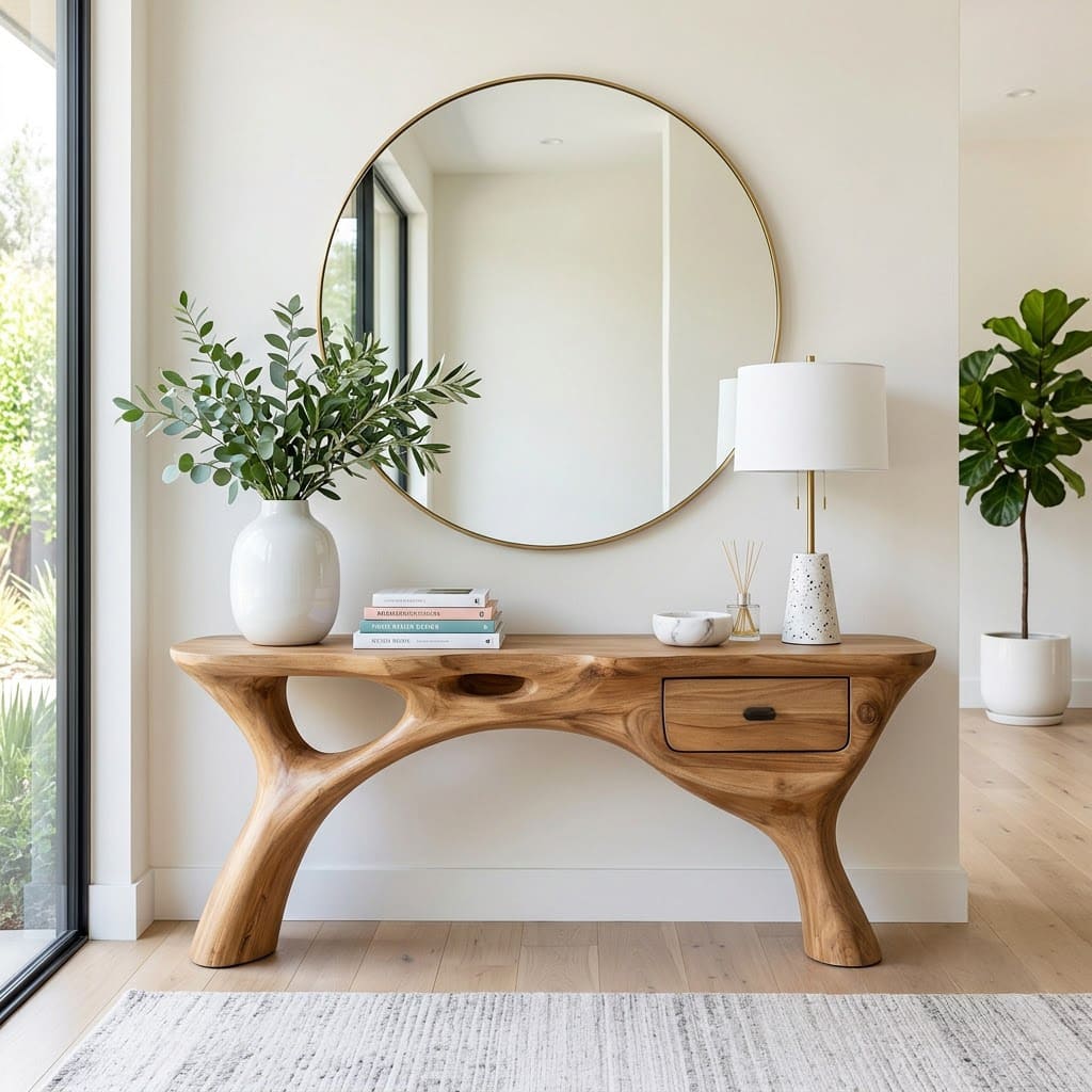 Solid wood branch console table styled in a modern entryway