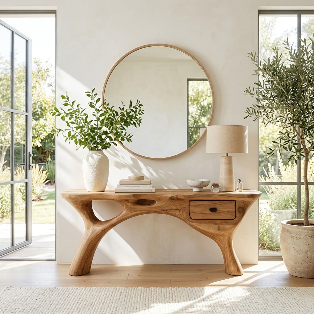 Handcrafted wooden console table with built-in drawer in a welcoming foyer