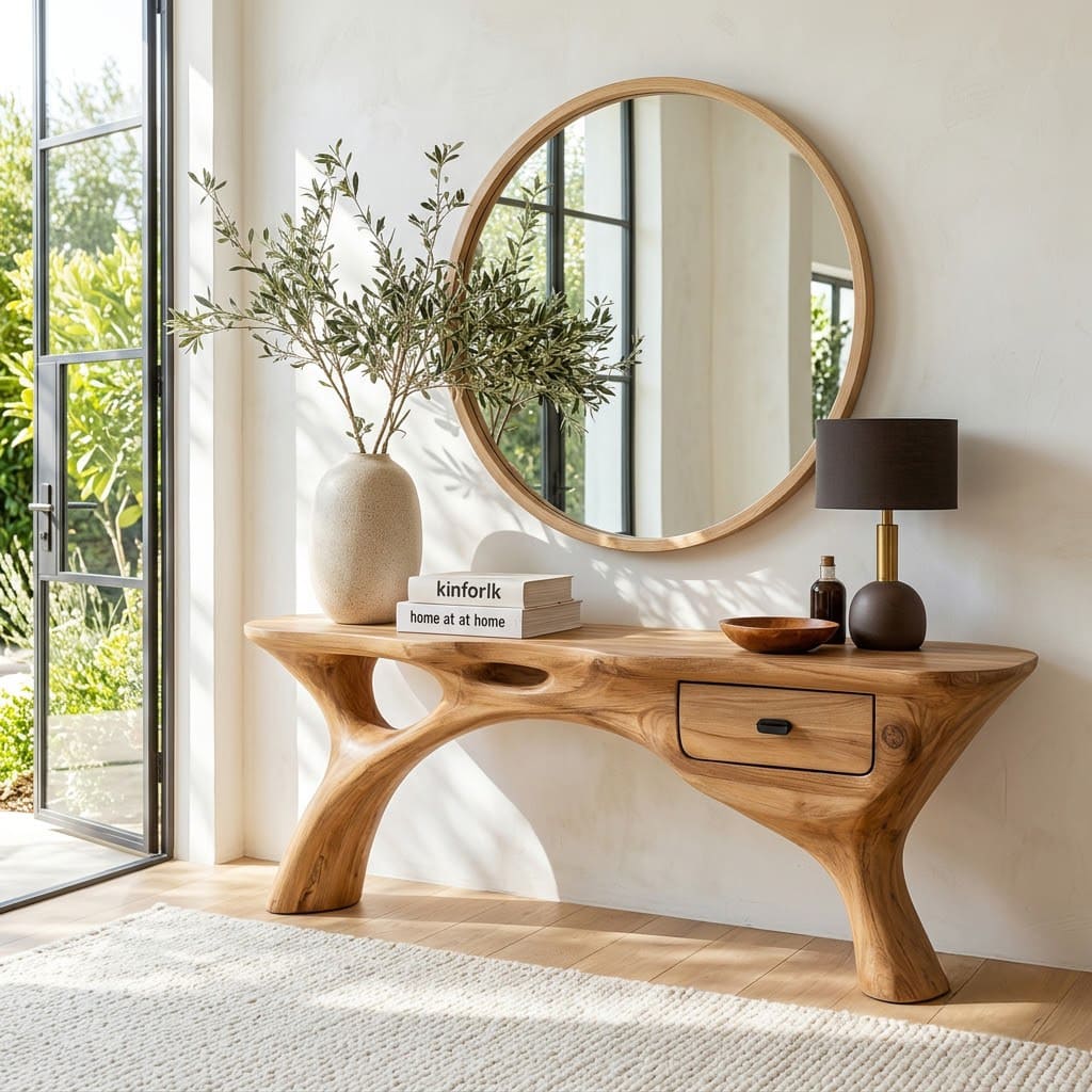 Sculptural branch console table displayed against a contemporary hallway wall