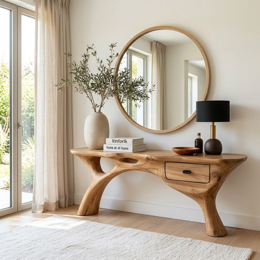 Branch-inspired wooden console table styled in a minimalist home interior