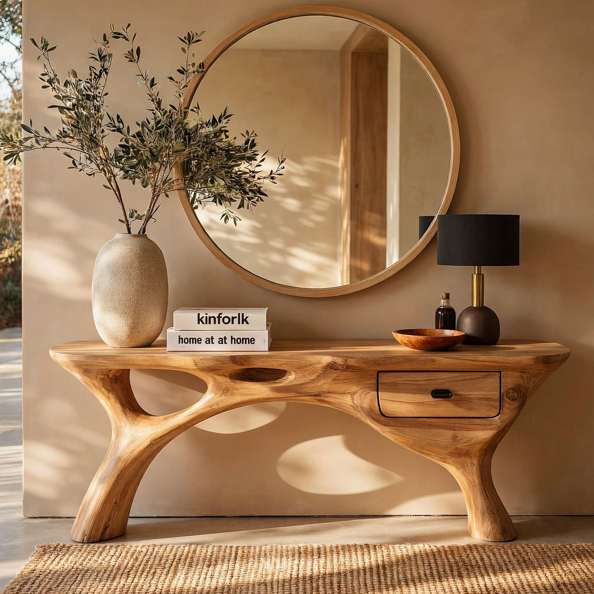 Handcrafted solid wood entryway console with storage drawer in an elegant hallway
