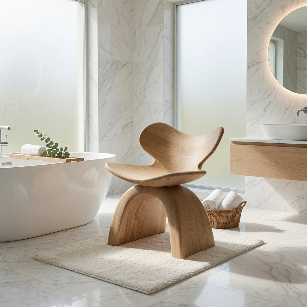 Ergonomic live edge solid wood shower stool in a modern bathroom