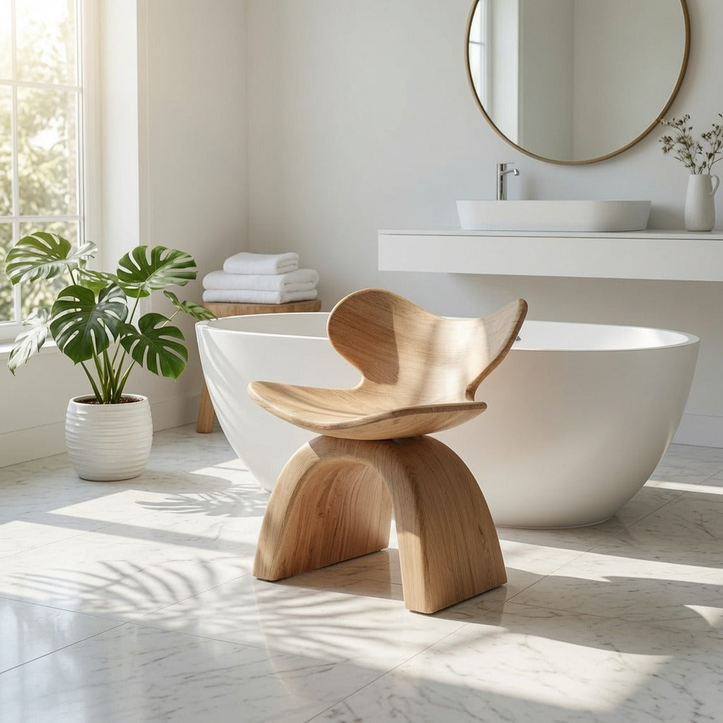 Natural hardwood shower stool enhancing a contemporary bathroom
