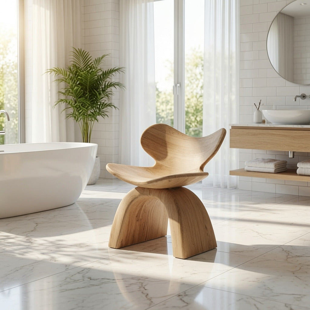 Artisan solid wood bathroom stool adding warmth and elegance to a minimalist bathroom