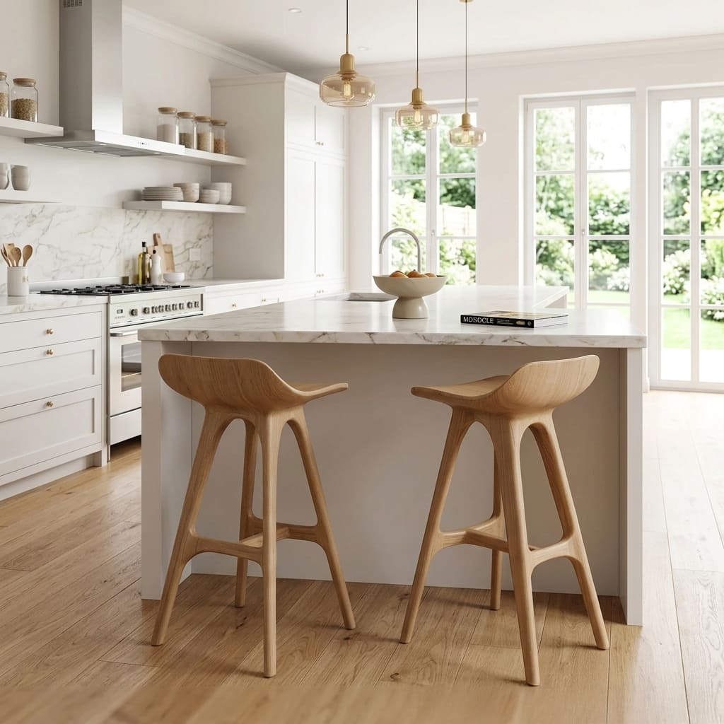 Ergonomic solid wood bar stool styled at a modern kitchen island