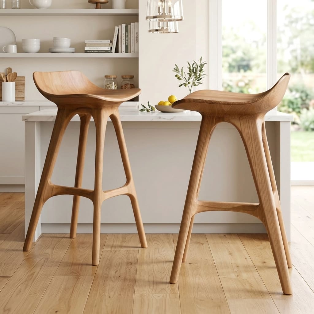 Organic wooden counter stool with sculptural curved design