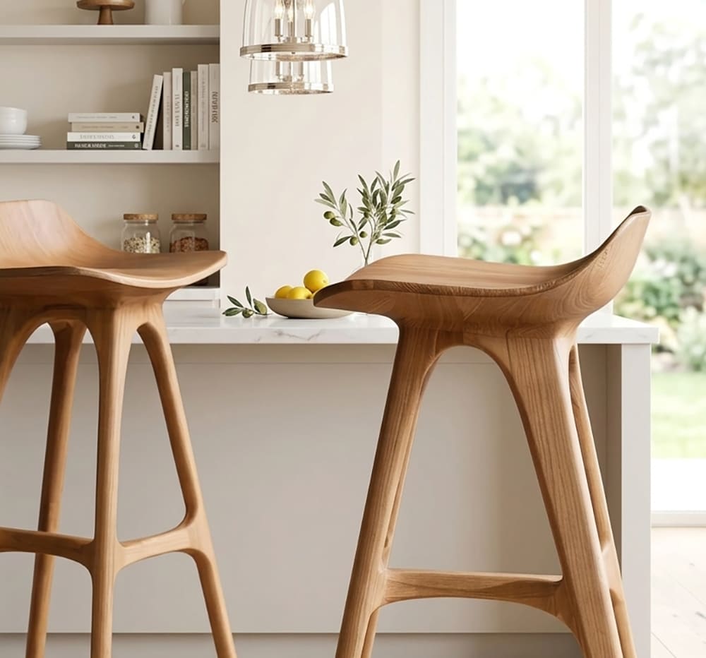 Modern solid wood bar stool featuring ergonomic flowing contours
