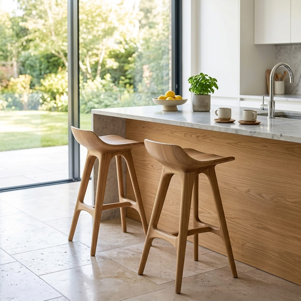 Organic solid wood counter stool displayed in a minimalist kitchen