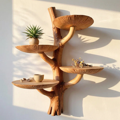 Mushroom Tree Wall Shelf with Root Base and 4 Dished Caps - Handcrafted Two-Tone Solid Wood Floating Shelf for Living Room, Bedroom, Entryway