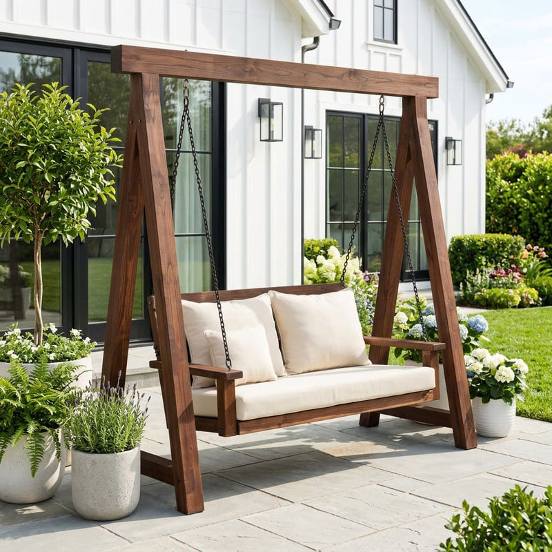 Farmhouse A-frame patio garden glider bench handcrafted in solid wood