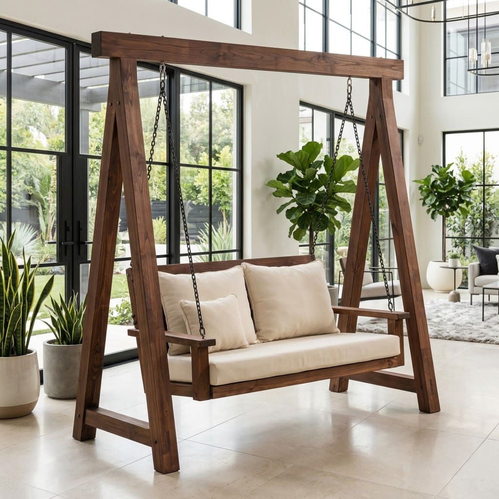 Farmhouse patio glider featuring a sturdy solid wood A-frame structure