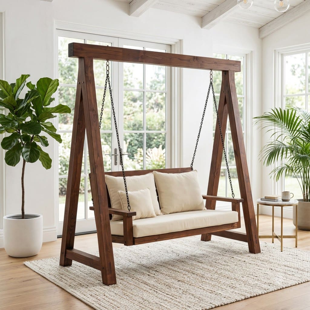 Handcrafted wooden glider bench creating a cozy seating area