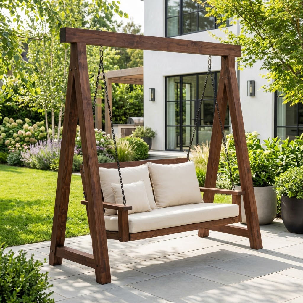 Handcrafted A-frame wooden patio bench in a rustic outdoor setting