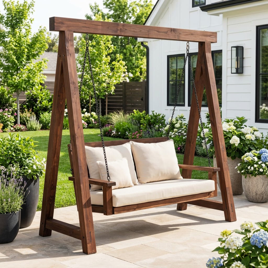 Farmhouse A Frame Patio Garden Glider Bench Featuring Handcrafted Solid Wood