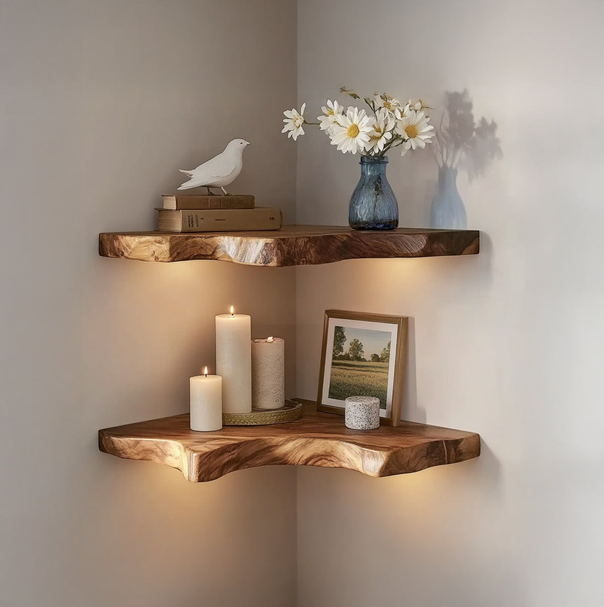 Farmhouse live edge wooden corner shelf for modern home decor